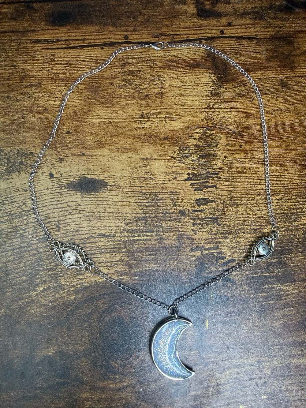 Handmade Silver Tone Evil Eye & Glitter Crescent Moon Pendant Necklace